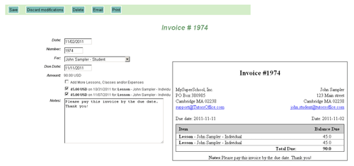 Studio's Office Calendar- Student Invoice